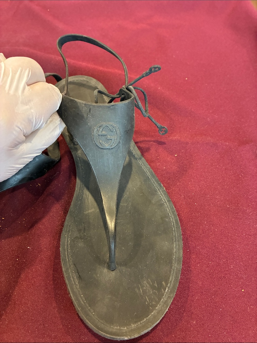 Gucci Black Logo Rubber Thong Sandal with Ankle Tie